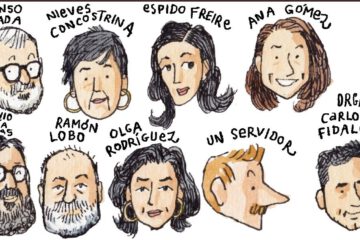 Retratos de Alfonso Zapico con los ponentes del curso en Laredo